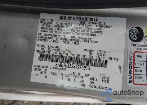 2008 Ford Fusion Sel z USA, uszkodzony, nr VIN 3FAHP08Z38R275915